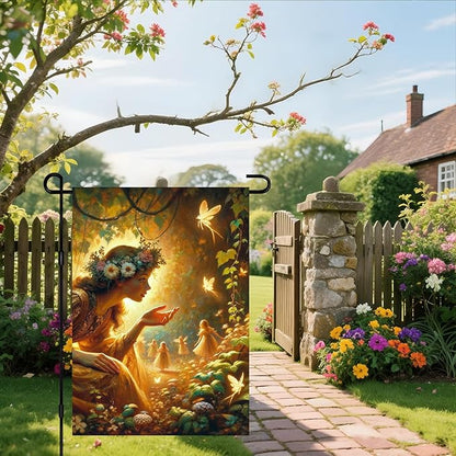 IVN Spring Fairy Garden Flag 12x18 Inch Double Sided Enchanted Forest Flag with Flower Crown Fairy and Glowing Fairies Fantasy Yard Decor for Outdoor Lawn Porch or Seasonal House Decoration