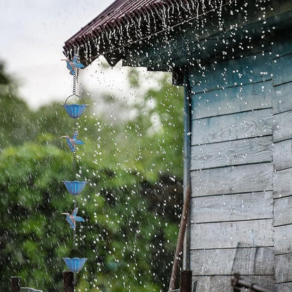 Rain Chains for Gutters, 7.87Ft Hummingbird and Cup Rain Chains for Gutters, Adjustable Rain Chimes for Outside Replacement Downspout for Gutters Eaves Drainage, Blue