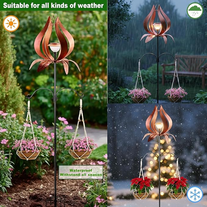Multi-Functional Yard Wind Spinners with Solar Lights Outdoor Garden,YNGFIL Large Ornaments Outdoor with Double Shepherds Hooks and Coconut Fiber Liner Hanging Planters (83 in)