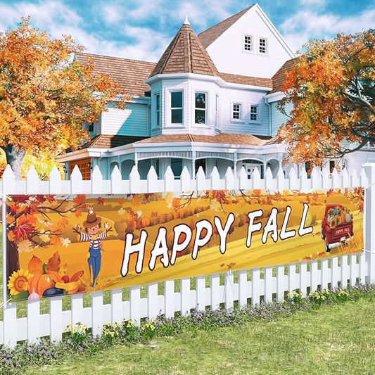 Probsin Happy Fall Banner 120"x 20" Decorations Outdoor Thanksgiving Decor Autumn Yard Signs Party Supplies Red Truck Pumpkin Holiday Harvest Welcome Hanging Backdrop for Garden Fence Yard Lawn Porch