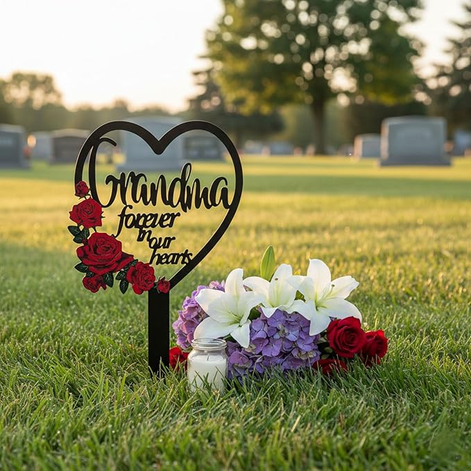 AIM & GGKK Memorial Stake for Grandma - Metal Heart Grave Marker with Red Roses, Memorial Plaque Cemetery Decor for Grave, Garden, Gravesite