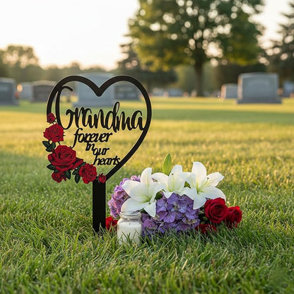 AIM & GGKK Memorial Stake for Grandma - Metal Heart Grave Marker with Red Roses, Memorial Plaque Cemetery Decor for Grave, Garden, Gravesite