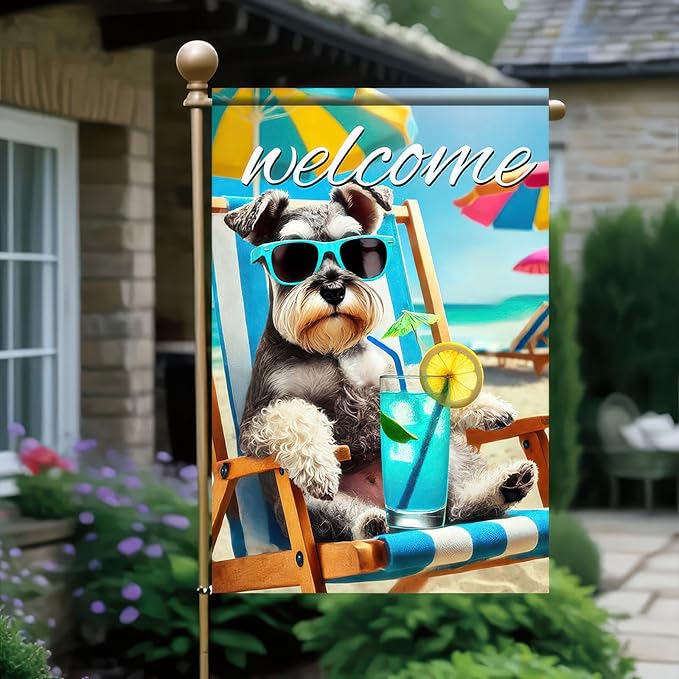 HOMETITUTE Summer Garden Flag Schnauzer Dog Flag 12x18 Vertical Double Sided Beach Welcome Seasonal Cute Puppy Yard Flag Outdoor Decoration for Porch Lawn Patio