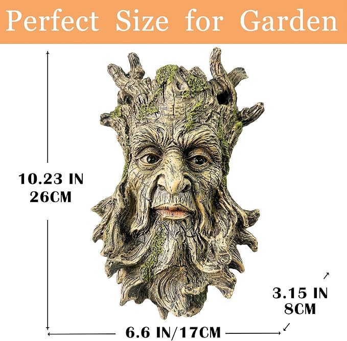 Teaeeno Whimsical Tree Face Garden Decoration, 10.2 in Tree Faces Decor Outdoor Wallmounted Statue Art with Leaf Features, Outdoor Decor Garden Accessory (Nature and Outdoors)