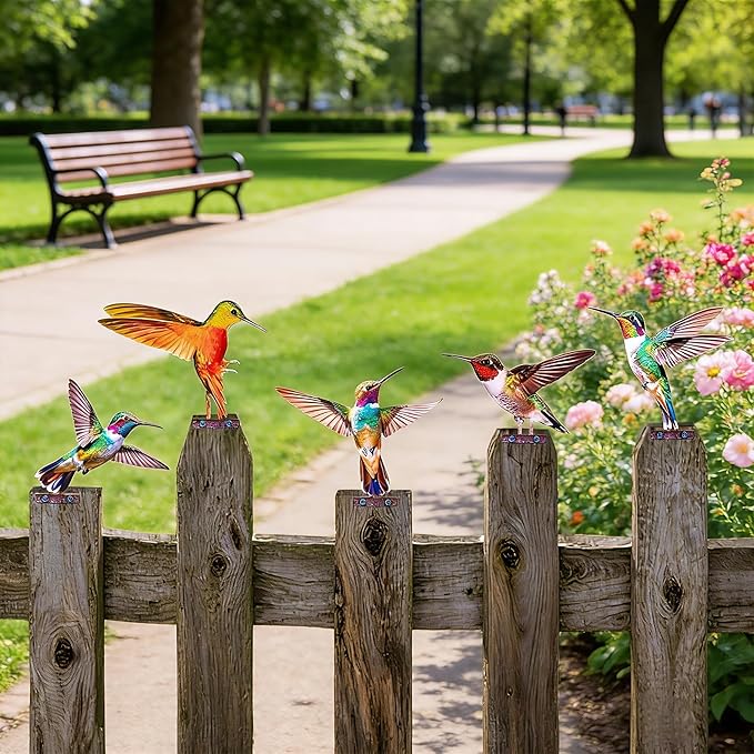 Color Vivid Metal Birds Fence Decor - Double Sided Colorful Yard Art, Weatherproof Garden Sculptures for Outdoor Patio, Farmhouse Fence Decor, Backyard Ornaments for Lawn (Hummingbird)