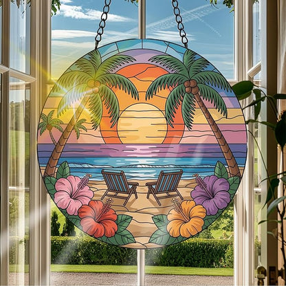 VAIIEYO Beach Sun Catcher Stained Glass Window Hanging Ornament, Handmade Summer Sun Catcher Chair Decoration with Hooks for Window Garden Home, Mother's Day & Birthday Housewarming Gift (7.8 inch)