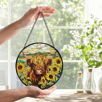 Highland Cow Decor, Sunflower Suncatchers Stained Glass Window Hanging, Western Highland Cow Flower Sun Catchers Indoor Window Glass Round Wall Decor 7.9x7.9in