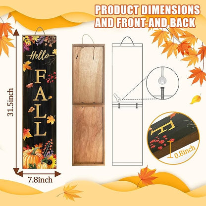 Hello Fall Porch Sign for Front Door, Autumn Wooden Welcome Sign with Maple Leaves Pumpkin for Front Porch Decorations, Fall Garden Decor Outdoor Hanging Signs Wall Sign 31.5"H