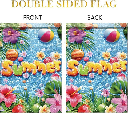Summer Garden Flag 12x18 Inch Colorful Summer Pool Tropical Flowers Beach Ball Water Design Outdoor Yard Porch Lawn Patio for Seasonal Coastal Home Decor