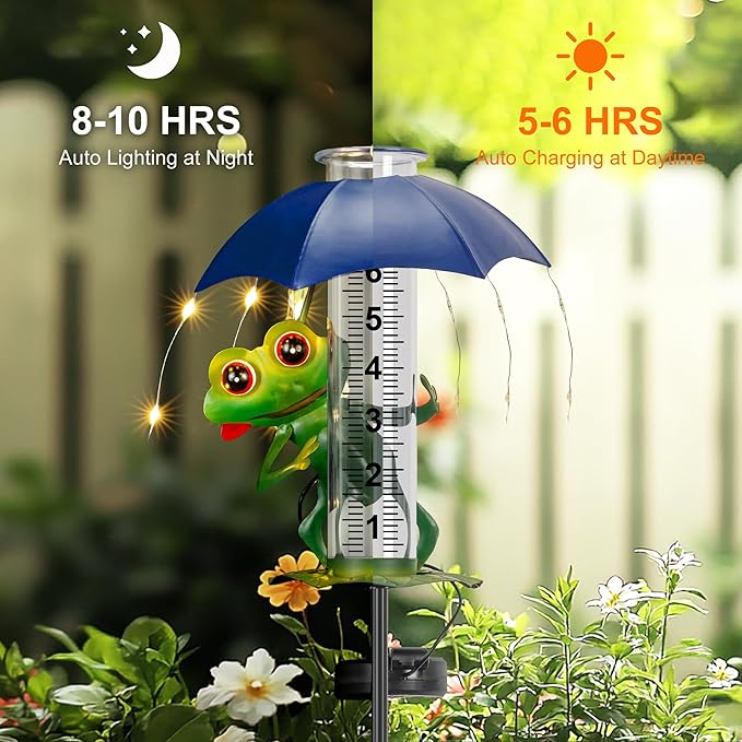 Rain Gauge Outdoor, Frog Rain Gauges with LED Solar Lights Yard Decoration, Metal Yard Art Garden Statues Frog Gifts for Women, Funny Rain Gauge Outdoor Decorative for Patio Garden Decor