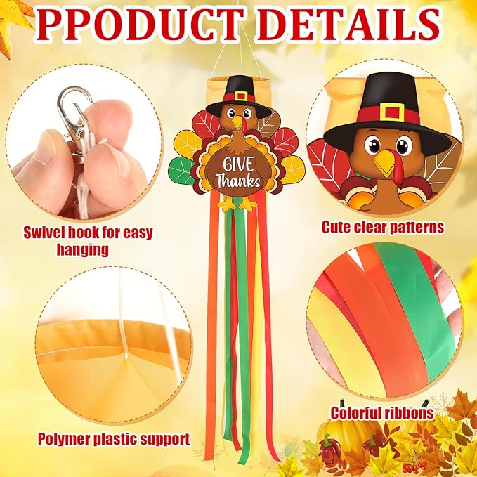 Thanksgiving Turkey Windsock with Streamers Thanksgiving Decorations Outdoor Hanging Decor for Fall Garden Flag Holiday Party Home Tree Lawn Patio Window Yard Wall Balcony Riband Wind Sock Colorful
