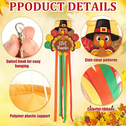 Thanksgiving Turkey Windsock with Streamers Thanksgiving Decorations Outdoor Hanging Decor for Fall Garden Flag Holiday Party Home Tree Lawn Patio Window Yard Wall Balcony Riband Wind Sock Colorful