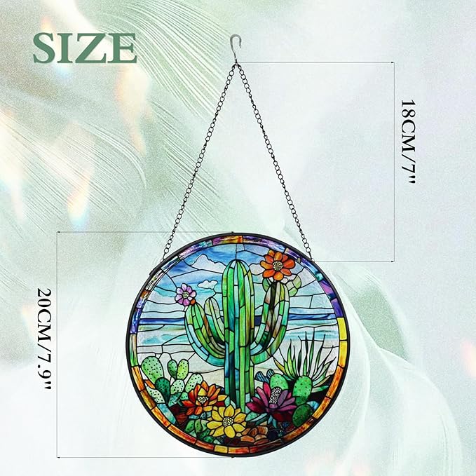 Cactus Stained Glass Window Hanging Suncatcher with Chain - 7.9" Arizona Outdoor/Indoor Art Decor for Home Garden, Thanksgiving, Wedding, Mother's, Valentine's & Christmas Ornaments Present