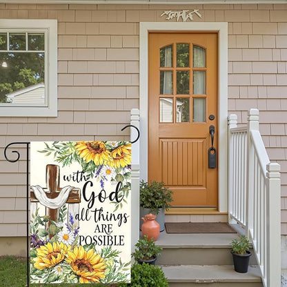 Summer Sunflower Christian Garden Flag with God All Things Are Possible Cross Floral Yard Flags Religious Faith Porch Decor Double Sided Spring Seasonal Front Lawn Decor 12x18 Inch