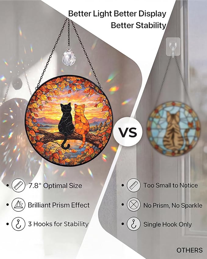 Stained Glass Window Hanging Sun Catcher 7.8 Inch, 2 Cats on a Tree Branch Suncatcher for Home Decor, Birthday Gifts for Women, Gifts for Cat Lovers (Cat Silhouette)