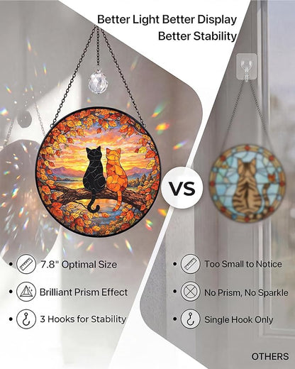 Stained Glass Window Hanging Sun Catcher 7.8 Inch, 2 Cats on a Tree Branch Suncatcher for Home Decor, Birthday Gifts for Women, Gifts for Cat Lovers (Cat Silhouette)