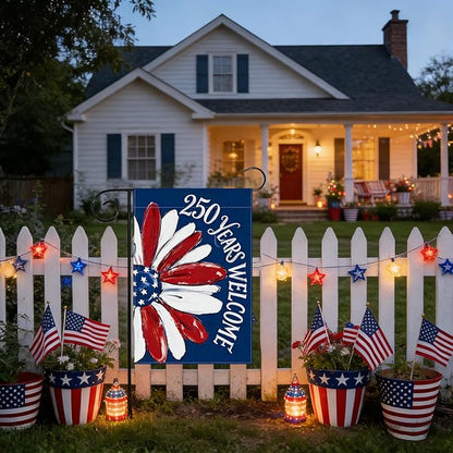 250th Anniversary Garden Flag, Red White Blue Sunflower Garden Flags, 250th Welcome Banner for Independence Day, 12x18 Inch Double Sided 4th of July Garden Flag for Yard & Outside Decor