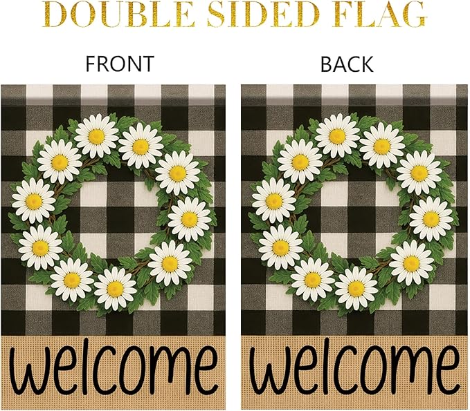 Buffalo Plaid Welcome Wreath Garden Flag 12x18 Double Sided Daisy Flower Flag Rustic Spring Summer Decor for Porch Patio Lawn Farmhouse Seasonal Small Yard Farmhouse Holiday Outdoor