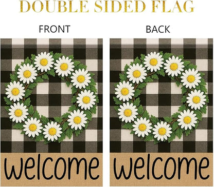 Buffalo Plaid Welcome Wreath Garden Flag 12x18 Double Sided Daisy Flower Flag Rustic Spring Summer Decor for Porch Patio Lawn Farmhouse Seasonal Small Yard Farmhouse Holiday Outdoor