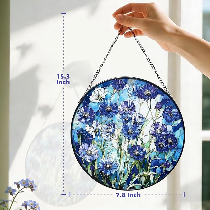 Stained Glass Blue Daisy Flower Suncatcher 7.8 Inch Rainbow Maker Window Hanging for Garden Outdoor Home Decor, Mom Friends Gift for Housewarming Birthday Christmas