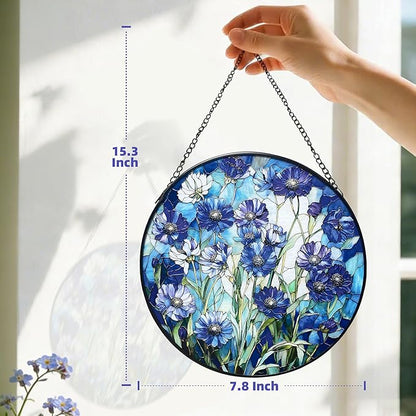 Stained Glass Blue Daisy Flower Suncatcher 7.8 Inch Rainbow Maker Window Hanging for Garden Outdoor Home Decor, Mom Friends Gift for Housewarming Birthday Christmas