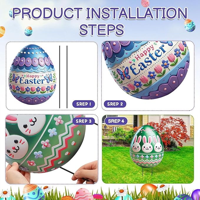 DoubleFill 3 Pcs Easter Decorations Outdoor 3D Metal Easter Eggs Yard Signs Decorative Garden Stakes Eggs Bunny Lawn Decorations Yard Decor for Spring Ornament Lawn Pathway Garden(Classic Style)
