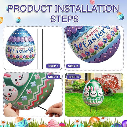 DoubleFill 3 Pcs Easter Decorations Outdoor 3D Metal Easter Eggs Yard Signs Decorative Garden Stakes Eggs Bunny Lawn Decorations Yard Decor for Spring Ornament Lawn Pathway Garden(Classic Style)