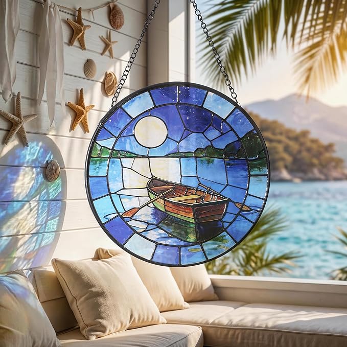 Hanging Stained Glass for Windows,20cm/7.87inch The Boat Beneath the Moon Stained Glass Suncatcher with Chain Garden Diamond Glass Panel Hangings Decoration for Family Friends Colleagues