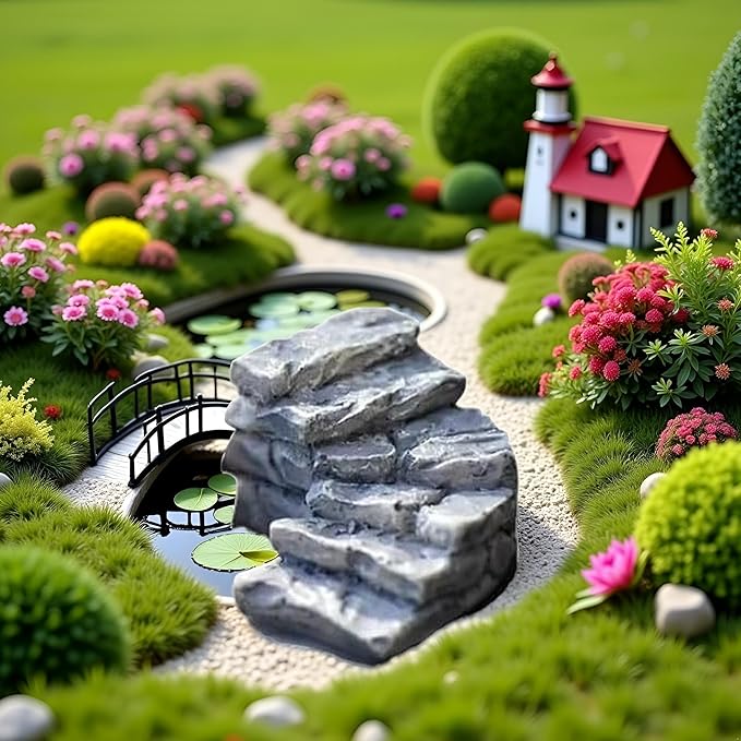 Curved Stone Steps Miniature Fairy Garden Accessories, Miniature Pond Lawn Garden Ornament Figurines, Mini Lighthouse Water Well Bridge Figurines, Micro Landscape Ornaments, Outdoor Statues