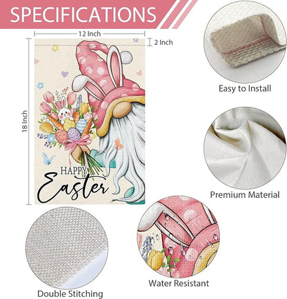 Heyfibro Happy Easter Bunny Gnome Garden Flag 12x18 Double Sided Burlap, Cute Rabbit & Egg Floral Outdoor Yard Banner for Spring Holiday Farmhouse Yard Outdoor Decor(ONLY FLAG)