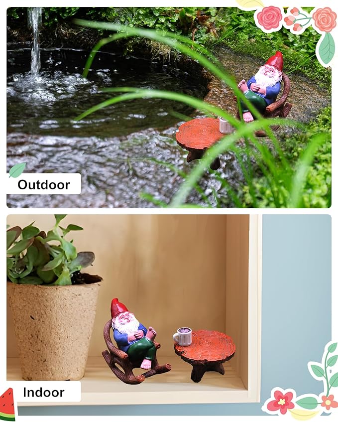Garden Gnome Outdoor Statue Figurines Funny Gnomes with Miniature Resin Table Chairs Figurines, Gnome Decorations for Yard Home Patio Yard Lawn Balcony Porch Patio Desks Ornament