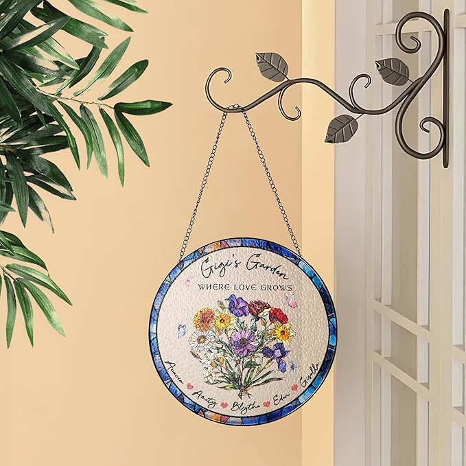 NAZENTI Custom Family Birth Flowers Glass Suncatcher, Personalized Stained Glass Window Hanging Suncatcher with Kids Name, Gifts for Mother's Day, Personalized Gigi Flower Garden