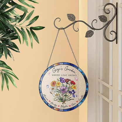 NAZENTI Custom Family Birth Flowers Glass Suncatcher, Personalized Stained Glass Window Hanging Suncatcher with Kids Name, Gifts for Mother's Day, Personalized Gigi Flower Garden