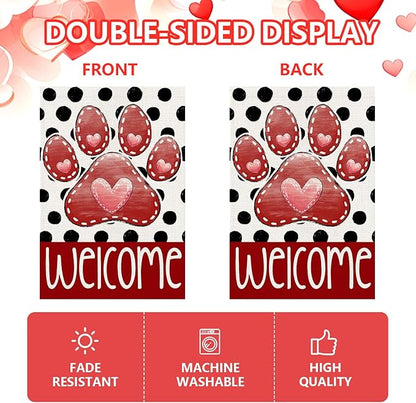 Valentines Garden Flag 12x18 Inch, Paw Print Heart Double Sided Flag for Anniversary Wedding Yard Outdoor Decoration