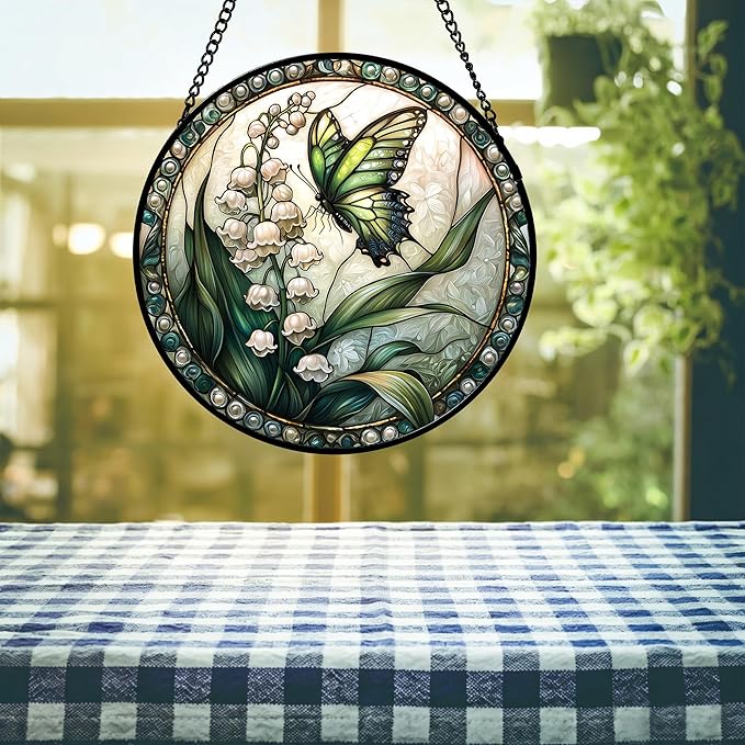 DASTOLL Stained Glass Window Hanging, Lily of the Valley Flower Butterfly Suncatcher for Doors Home Sun Catchers Decoration and Christmas, Mother's Day Birthday Gifts for Women, Men, Mom 9.8 in