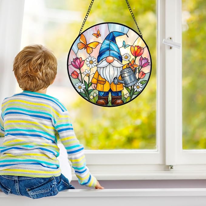 Gnome Stained Glass Suncather for Window Hanging with Flowers & Butterflies, 7.9'' Garden Gnome Gift for Women, Whimsical Wall Art Home Decor Gift for Mom, Grandma (Colorful Garden, 7.9'')