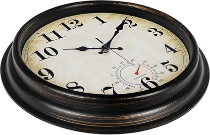 Large Outdoor Clocks Waterproof with Thermometer Combo Vintage Wall Clock Decor for Bathroom Patio Pool Garden(16 Inch)