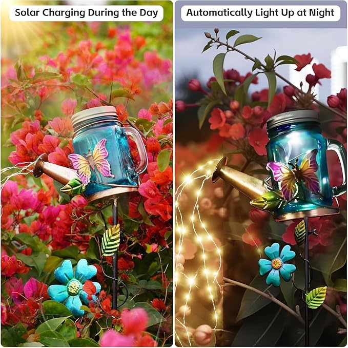 SRNPMIU Solar Watering Can Light, Yard Outdoor Decor Lights, IP65 Waterproof, Hanging Butterfly Garden Light, Outside Garden Flower Bed Decor, Women Gift, Birthday Gifts