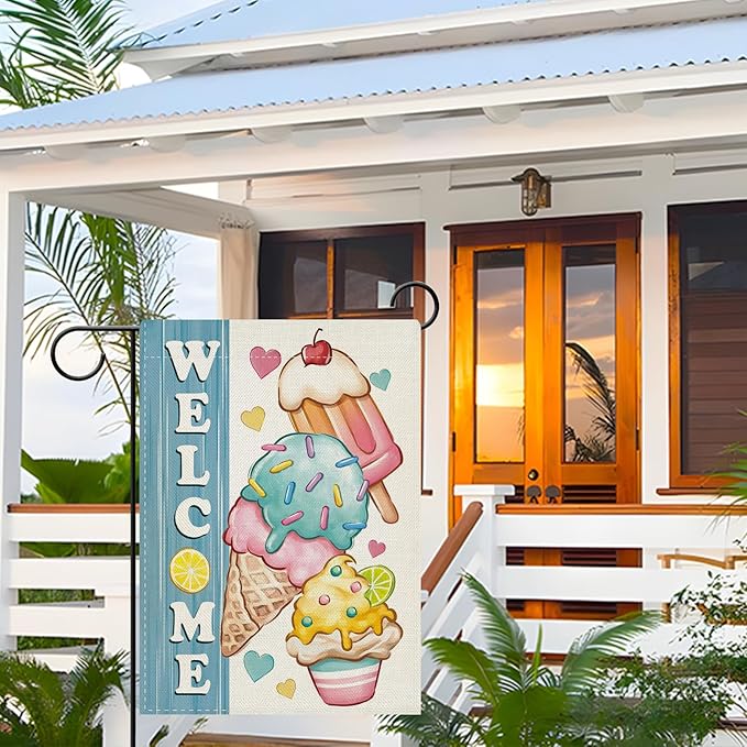 Dyrenson Welcome Summer Ice Cream Decorative Garden Flag, Sweet Popsicle Love Hearts Yard Outside Home Decoration, Farmhouse Burlap Outdoor Small Decor Double Sided 12 x 18