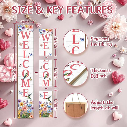 Hummingbird Welcome Sign for Front Door, Spring Porch Sign Tulip Flowers Outdoor Yard Sign Seasonal Tall Floral Welcome Porch Sign Wildflowers Wood Door Sign for Garden Patio Wall Home Decor