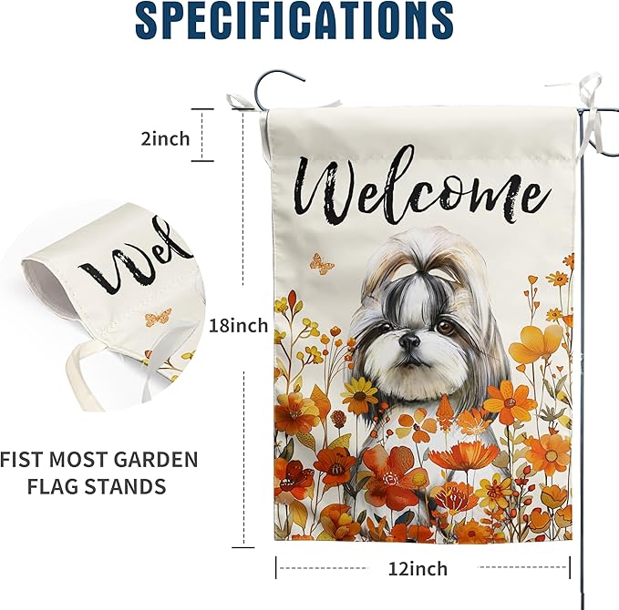 Shih Tzu Fall Garden Flag Autumn Dog Yard Sign Orange Floral Thanksgiving Outdoor Banners for Outside 12x18 Double Sided Small Wild Flower Lawn Decorations
