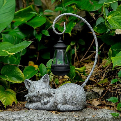 WSgift Outdoor Cat Figurine Garden Statue with Solar-Powered LED Light 13.77 Inches Tall Gift Garden Statue Decor for Cat Lovers Marbled