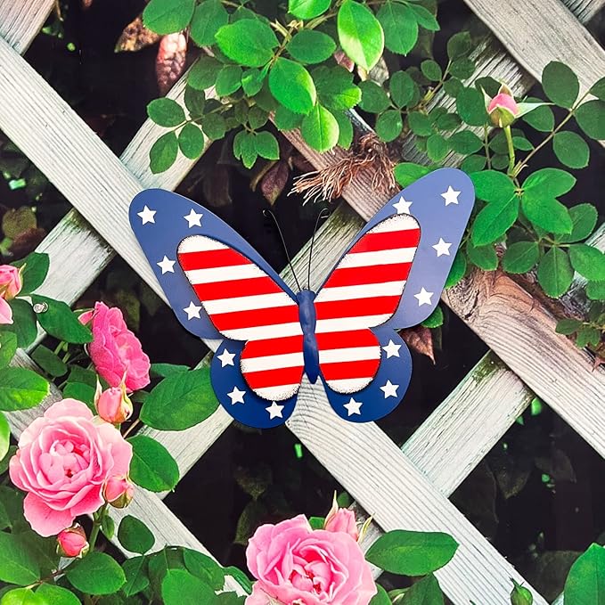 YUMBOR Rustic Metal Americana Butterfly Patriotic Wall Decor American Flag Hanging Ornaments 4th July Garden Yard Signs Independence Day Indoor Outdoor Wall Decorations