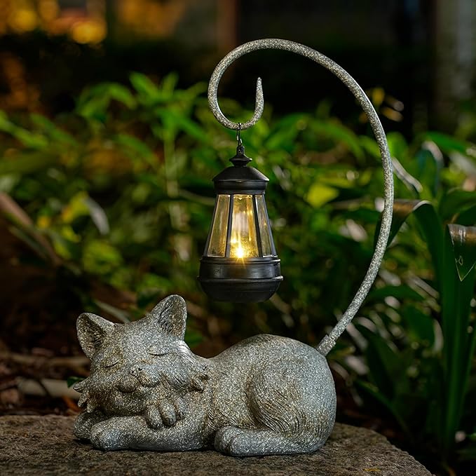 WSgift Outdoor Cat Figurine Garden Statue with Solar-Powered LED Light 13.77 Inches Tall Gift Garden Statue Decor for Cat Lovers Marbled