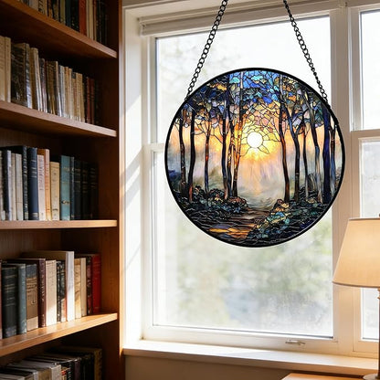 DASTOLL Stained Glass Window Hanging, Forest Sunrise Smoke Blue Brown Tree Suncatcher for Doors Window Home Landscape Sun Catchers Decor Mother's Day Birthday Gifts for Women, Men Mom 9.8 in