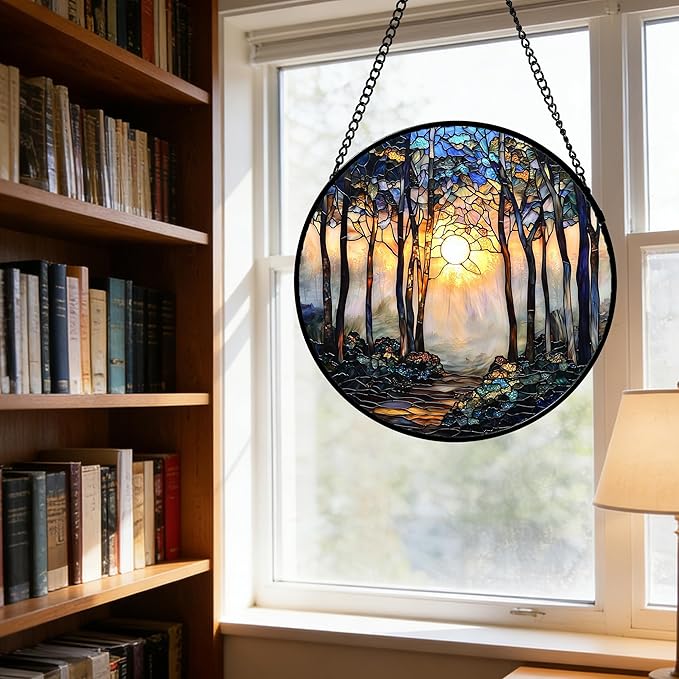 DASTOLL Stained Glass Window Hanging, Forest Sunrise Smoke Blue Brown Tree Suncatcher for Doors Window Home Landscape Sun Catchers Decor Mother's Day Birthday Gifts for Women, Men Mom 15 in