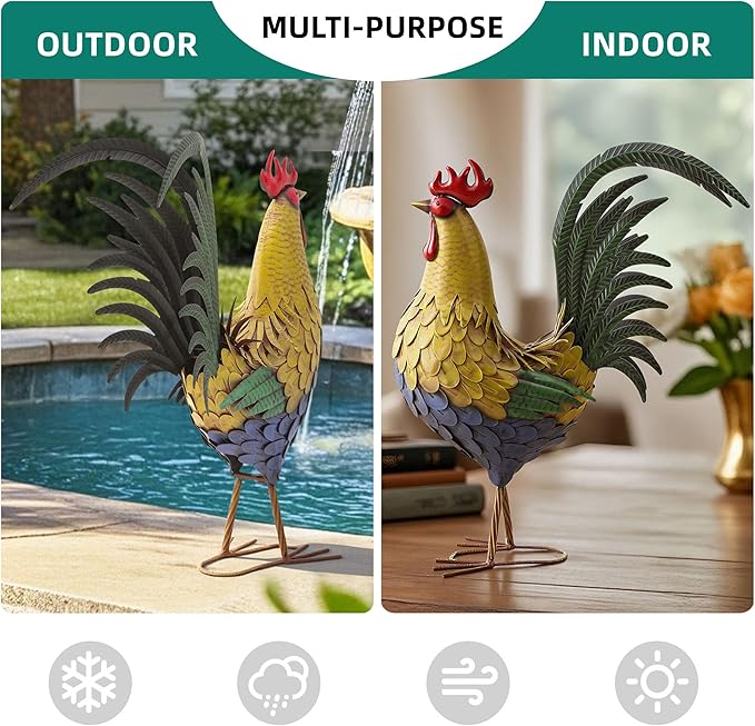 32" Oversized Metal Rooster Statues, Large Outdoor Decor, Metal Chicken Sculpture for Backyard Patio Kitchen Decor