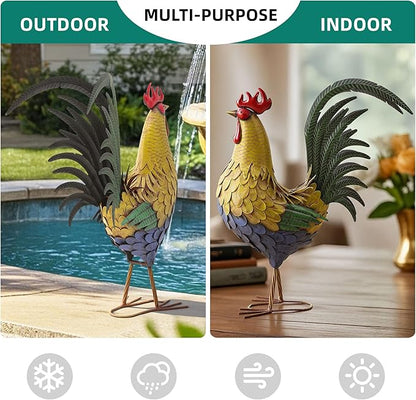 32" Metal Rooster Decor, Large Outdoor Garden Statues, Metal Chicken Sculpture for Backyard Patio Kitchen Decor