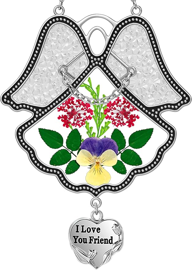 KY&BOSAM Angel Suncatcher I Love You Frined Stained Glass Panels for Windows Hangings Wind Chime with Pressed Flower Glass with Metal Charm Birthday Gift for Women Friend Mothers Day Christmas Décor