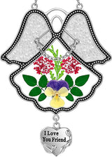 KY&BOSAM Angel Suncatcher I Love You Frined Stained Glass Panels for Windows Hangings Wind Chime with Pressed Flower Glass with Metal Charm Birthday Gift for Women Friend Mothers Day Christmas Décor